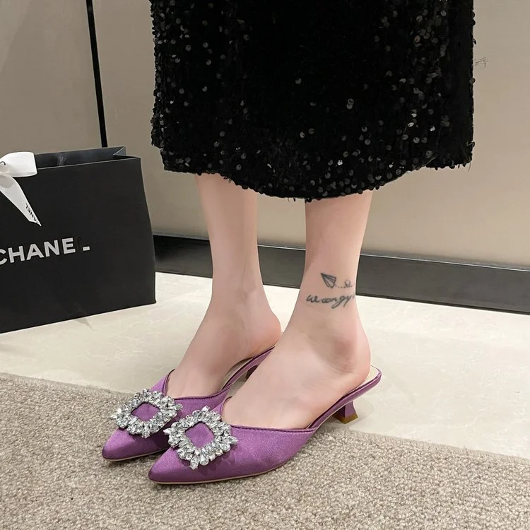 Yyvonne Buckle Water Drill Head Half Slippers Women Wear Summer 2025 New Thin Heel Slacker Cool Dragged Muller Shoes