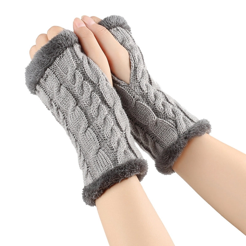 New Autumn And Winter Fleece-lined Wool Gloves Twist Knitted Finger Leakage Plush Oversleeve Warm Thickened Wool Gloves