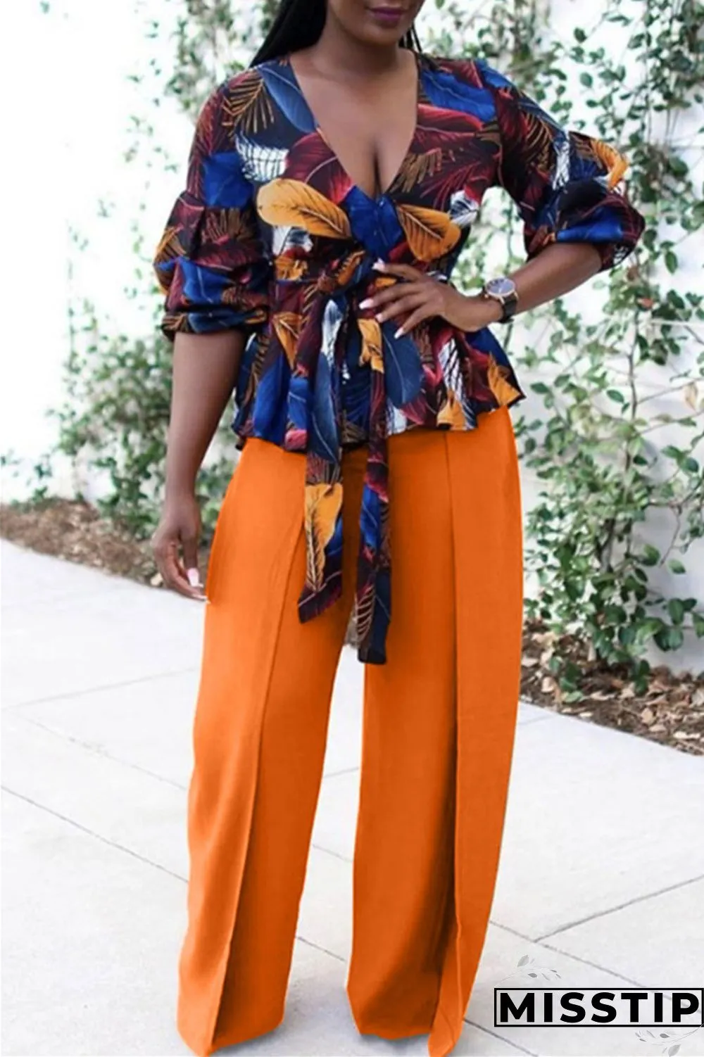 Orange Fashion Casual Solid Bandage Regular High Waist Trousers