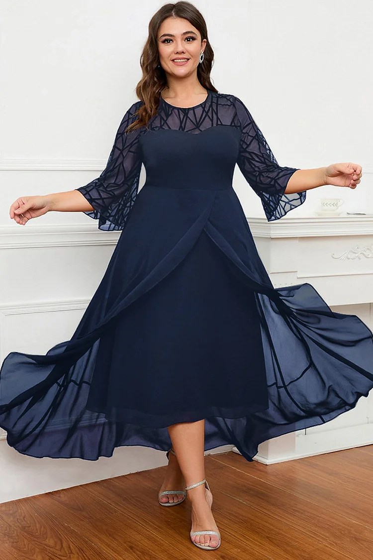 Flycurvy Plus Size Formal Navy Blue Lace Asymmetrical Hem Double Layer Flare Sleeve Tunic Tea-Length Dress  Flycurvy [product_label]