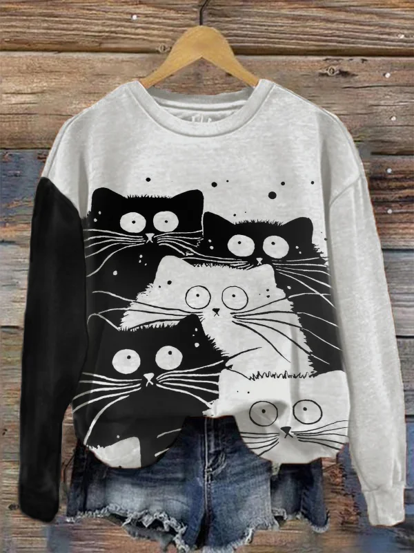 Women's Colorblock Fat Cat Crew Neck Graphic Print Sweatshirt