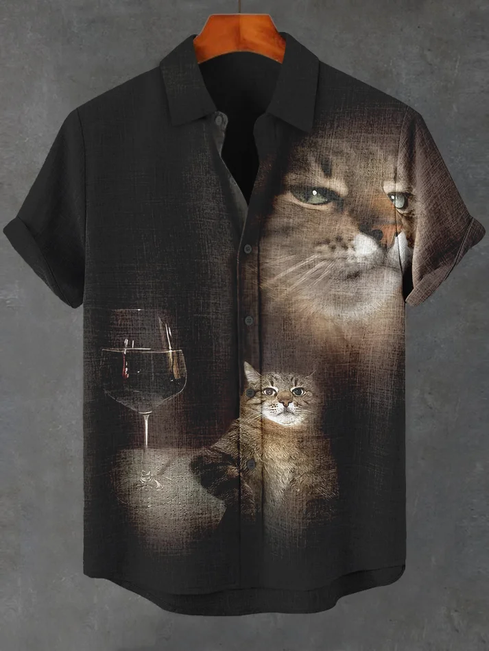 Men's Funny Cat And Wine Art Print Short Sleeve Shirt