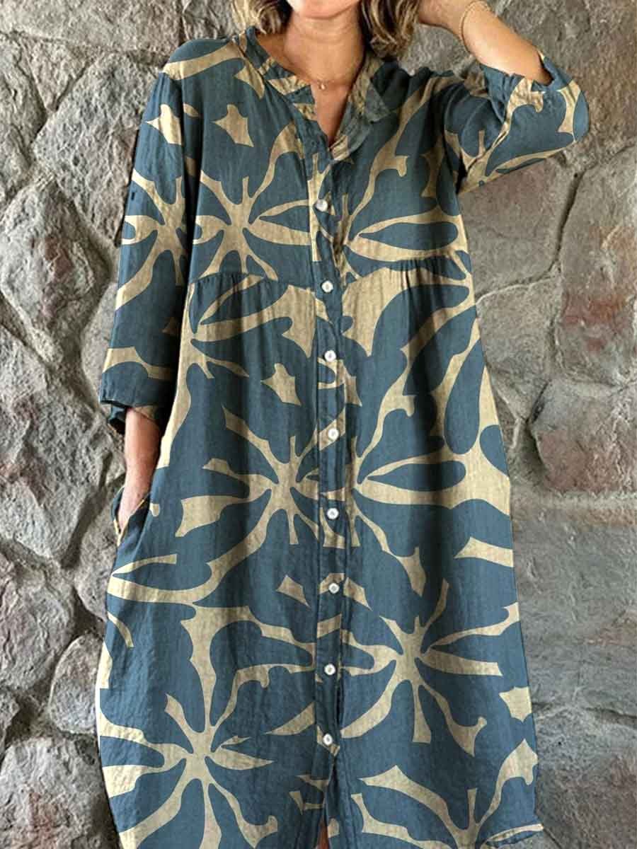 Women's V-neck Elegant Simple Art Pattern Cotton and Linen Dress with Pockets