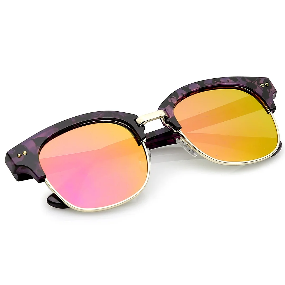 Modern Marble Print Horn Rimmed Mirrored Square Flat Lens Half Frame glasses 51mm