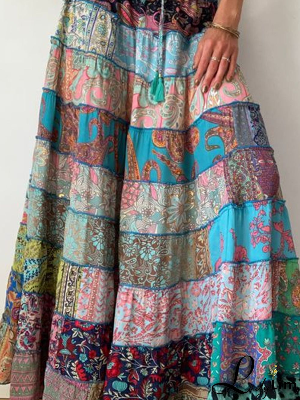 Bohemian Patchwork Elastic Waist Big Swing Maxi Tiered Skirt