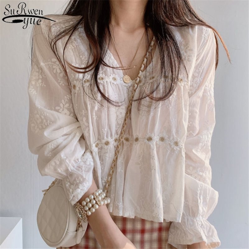 2021 White Blouse Spring Hollow V-neck Blouse Women Fashion Flower Loose Ladies Shirt Korean Sweet Long Sleeve Blusas Mujer