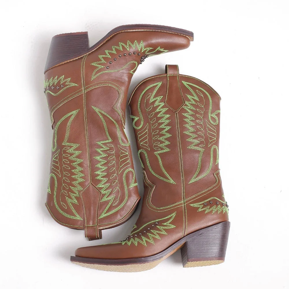 Brown Snip Toe Studded Green Embroidered Cowgirl Boots for Women