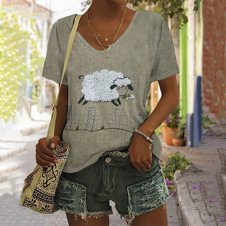 Vintage Farm Sheep Landscape Embroidery Cozy Print T-Shirt
