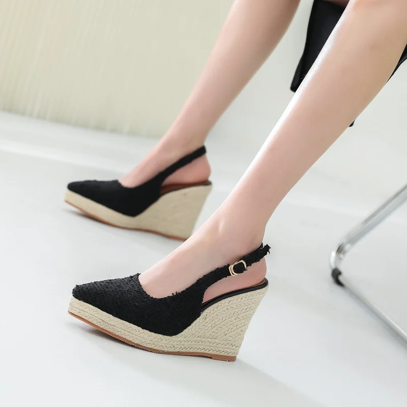 Wongn Wongn New Slope Heel Thick Bottom Baotou Drag High Heels Back Empty Thick Heel Women's Shoes Straw Hemp Rope Bottom