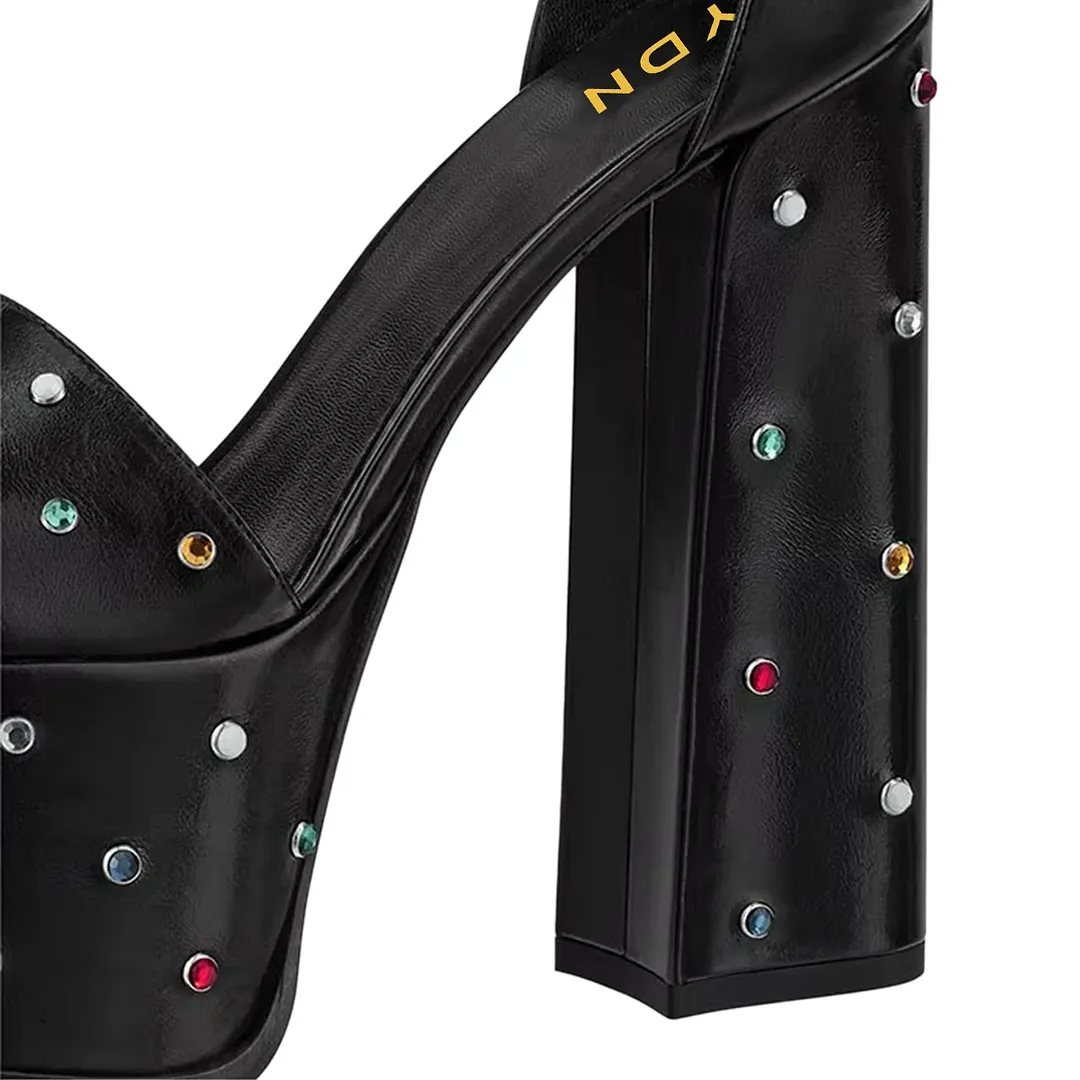 Open Toe Ankle Strap Rhinestone Decor Women's Heel Sandals in Black