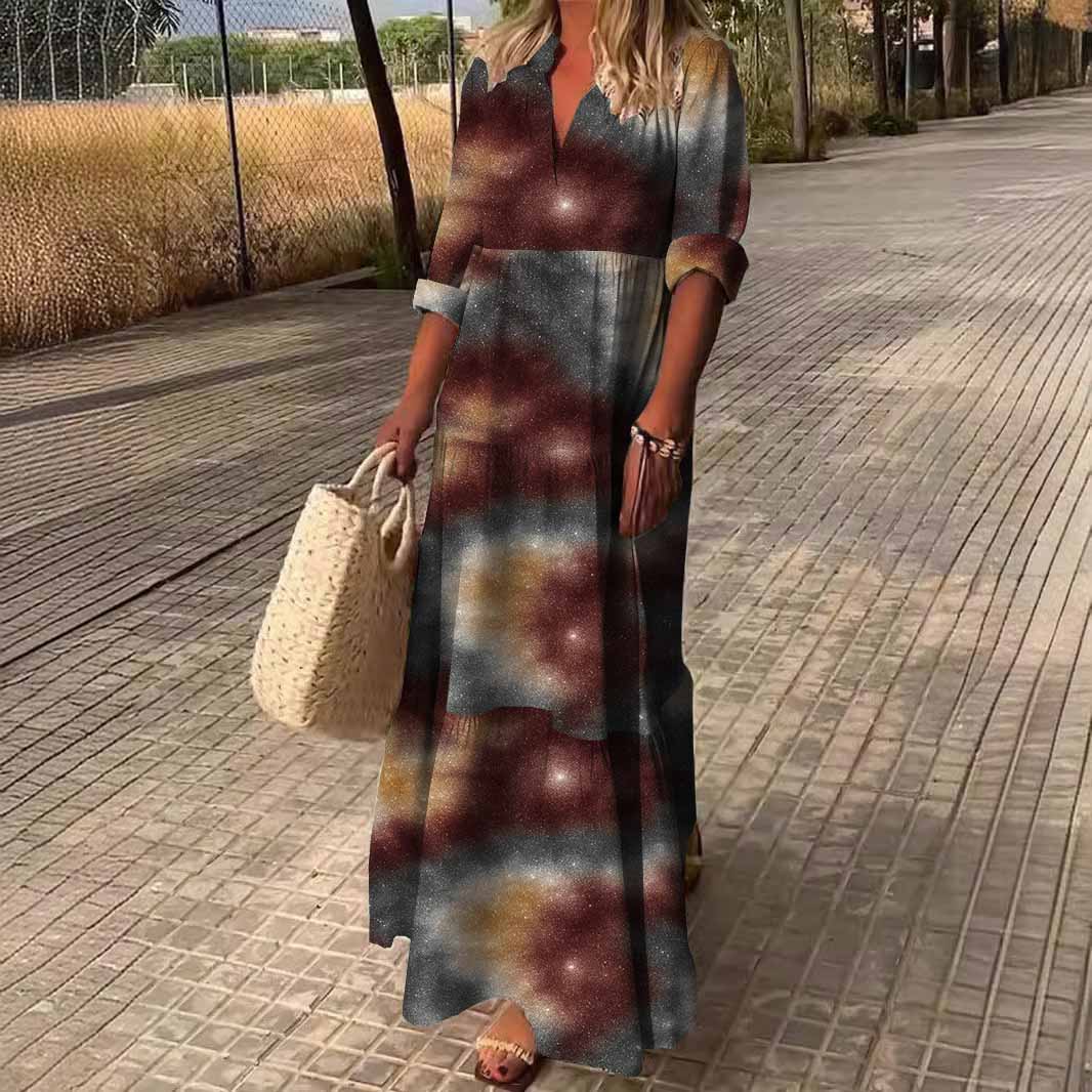 Women Glitter,Brown DZDN0032 SPU Printed Long Sleeve V-neck Maxi Dress