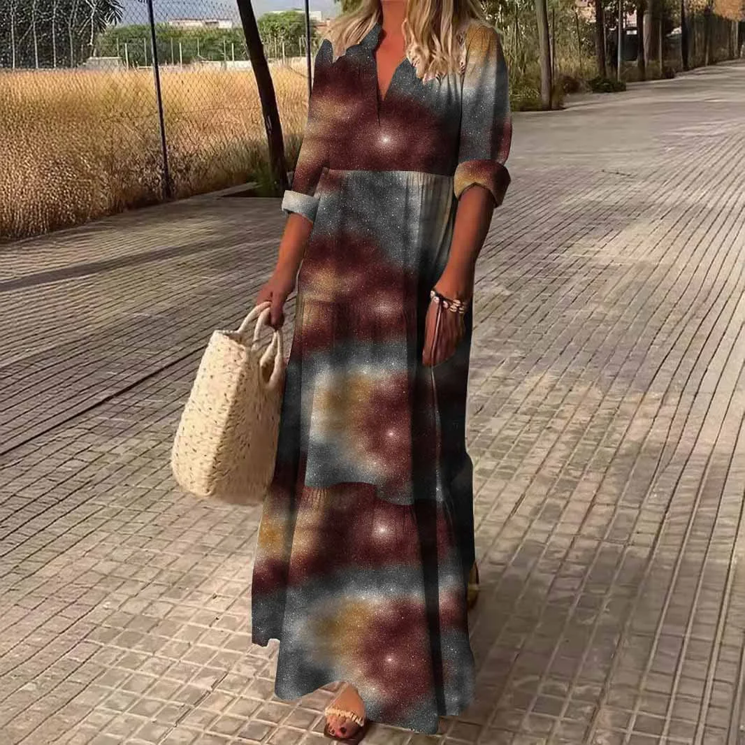 Women Glitter,Brown DZDN0032 SPU Printed Long Sleeve V-neck Maxi Dress