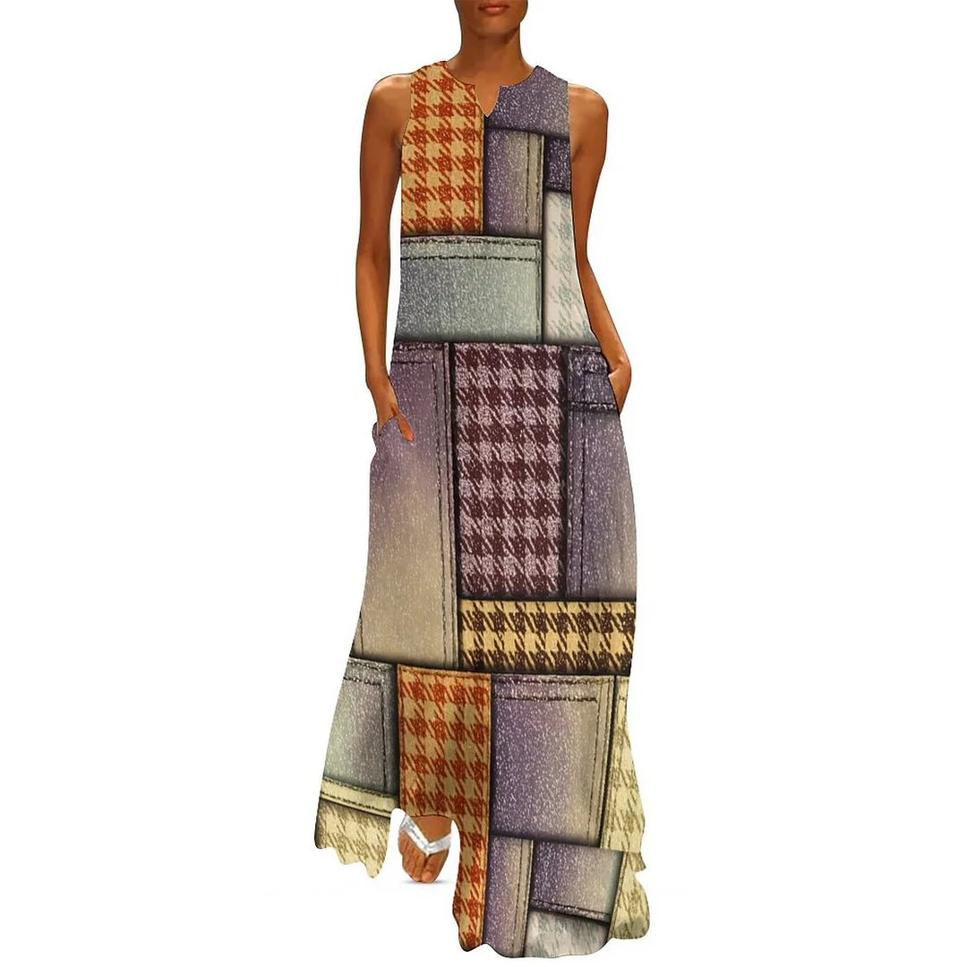 Style & Comfort for Mature Women Plus Size Printed Sleeveless Casual Women Maxi Dress with Pockets in Pattern Patchwork, Yellow, Plaid