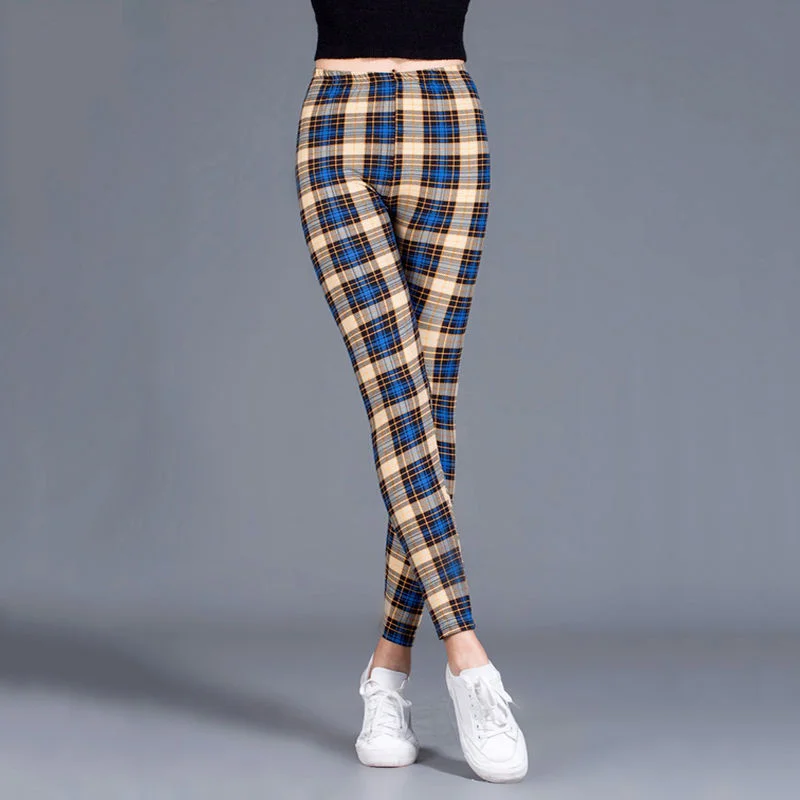 CUHAKCI Female Fitness Leggings Women Print Plaid Leggings Lady Sexy Slim Pencil Pants Push Up Elastic Waist Trousers