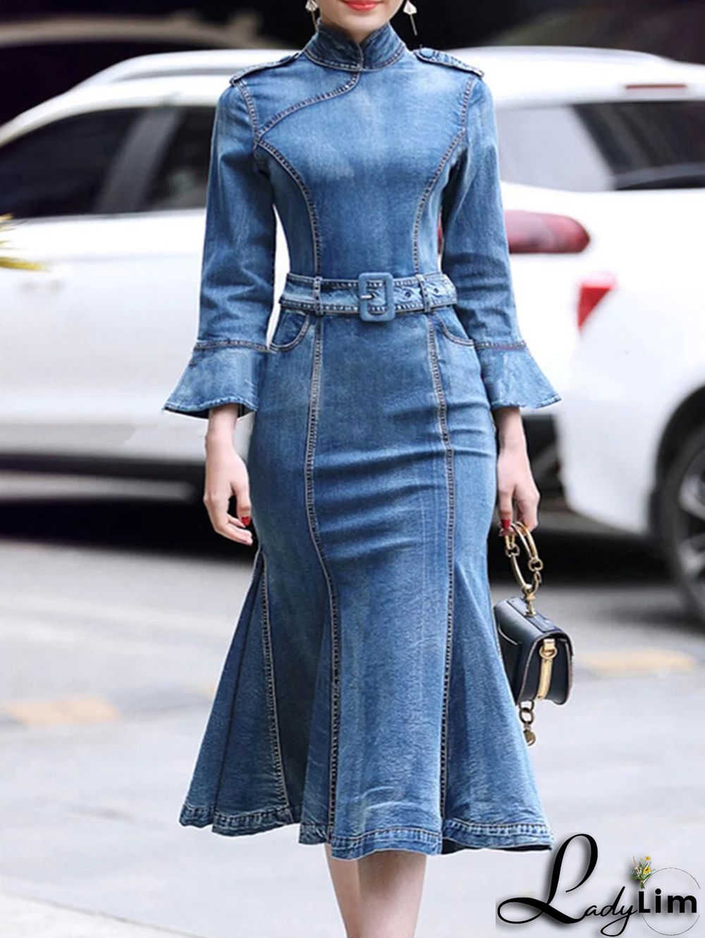 Casual Stand Collar Ruffle 3/4 Sleeve Denim Midi Dress