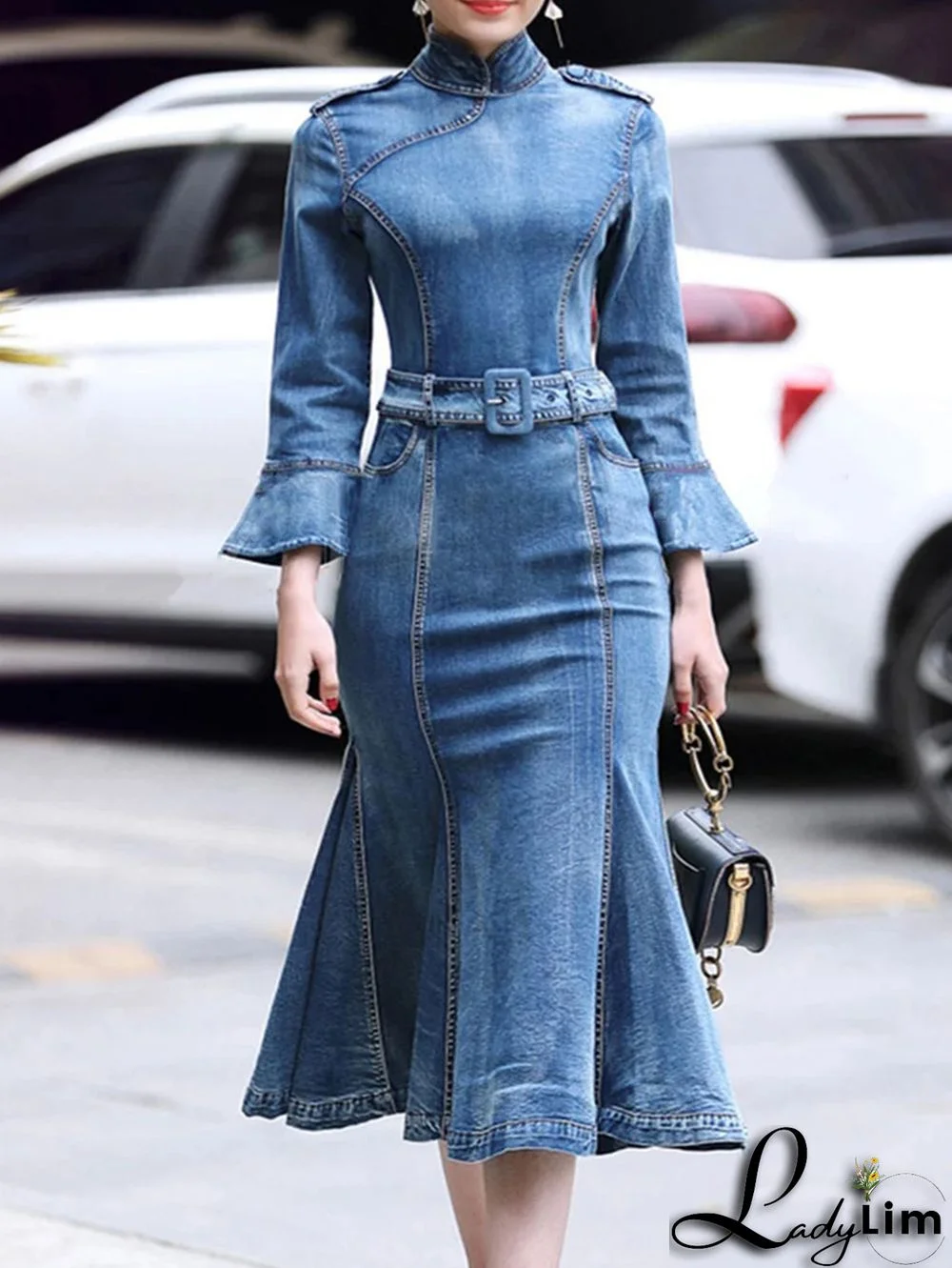 Casual Stand Collar Ruffle 3/4 Sleeve Denim Midi Dress