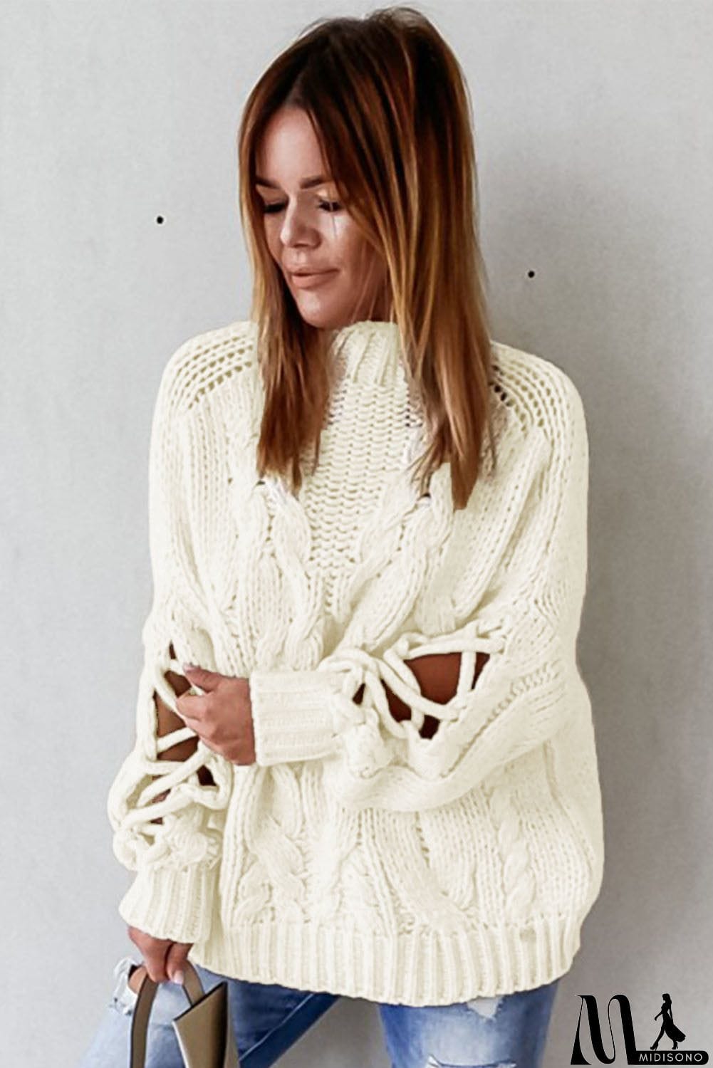 MidiSono - High Neck Cable Knit Hollow-out Sleeves Sweater