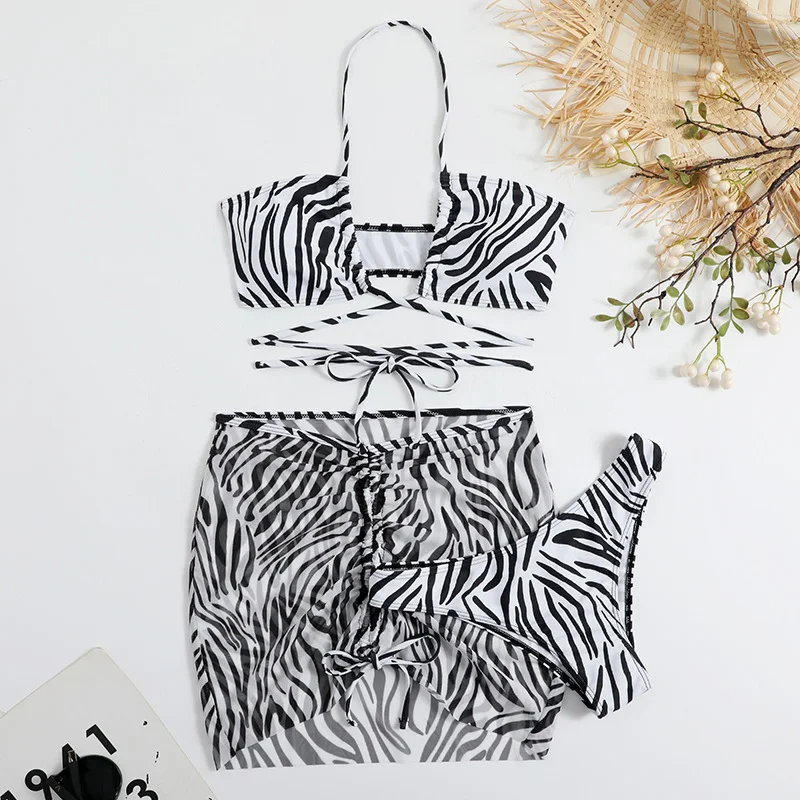 Uveng 2023 New Striped Print Drawstring With Three-Piece Swimsuit Bikini Swimsuit
