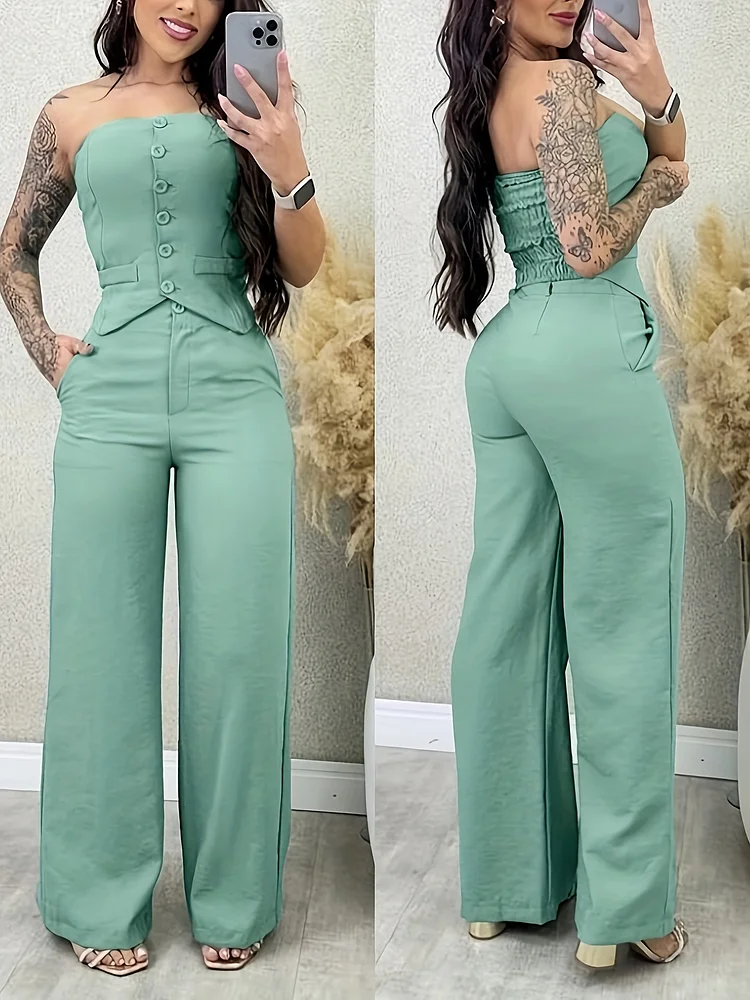2pcs Outfit Bandeau Button Decor Vest Top And Casual Wide Leg Pants Set