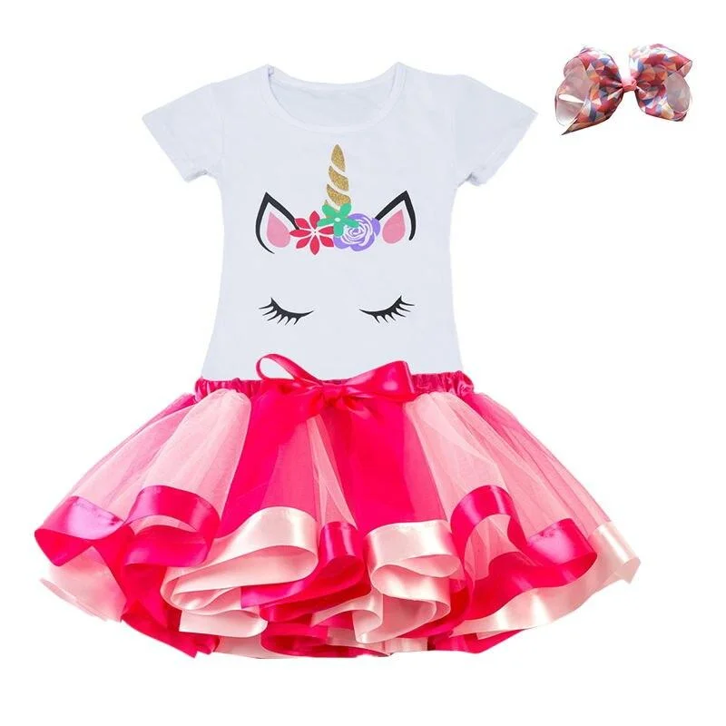 3 4 5 6 7 8Y Unicorn Clothing Sets for Girls Outfits 2pcs New Summer T-shirt+Print Bow Skirt for Kids Clothing Sets Baby Clothes