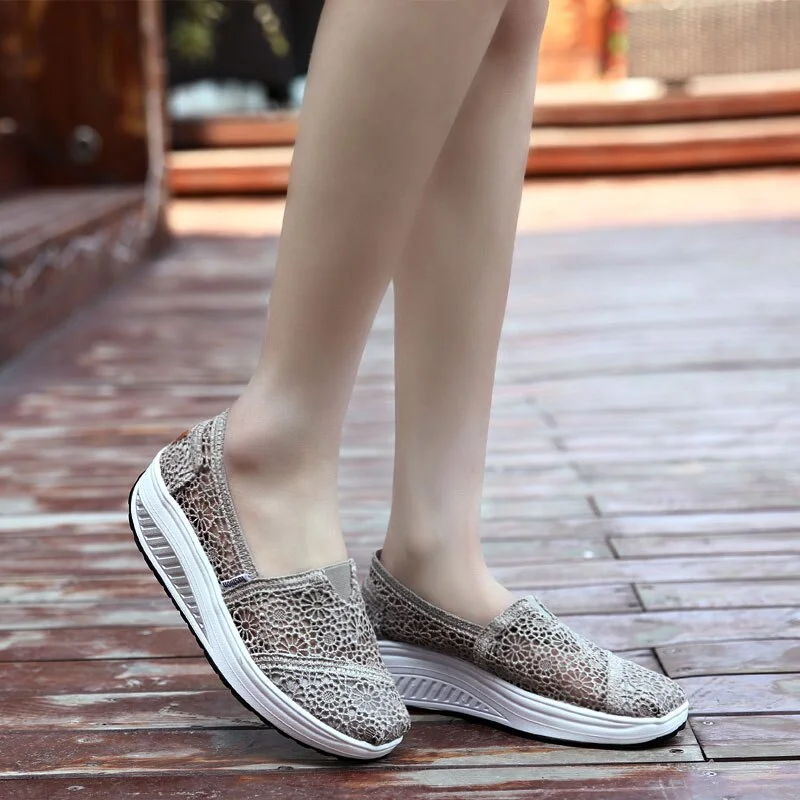 MWY Thick Platform Shoes Increased Breathable Leisure Shoes Rocking Shoes Zapatos Bajos De Mujer Lace Openwork Female Sneaker