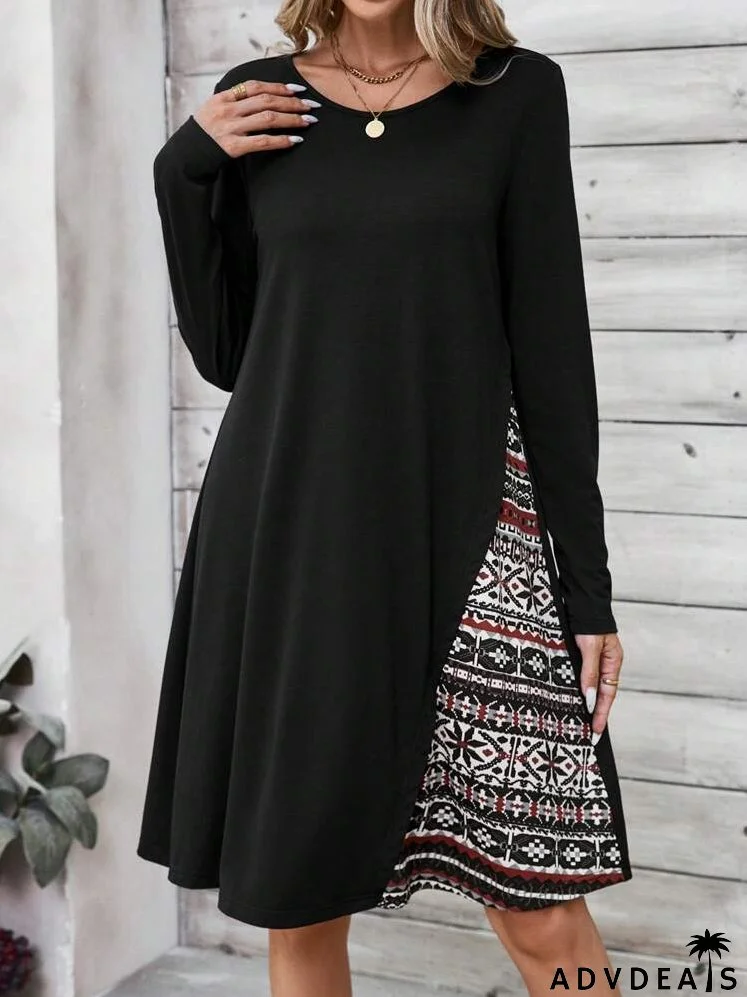 Fall Dress With Retro Pattern Patchwork, Women's Long-Sleeve Dress