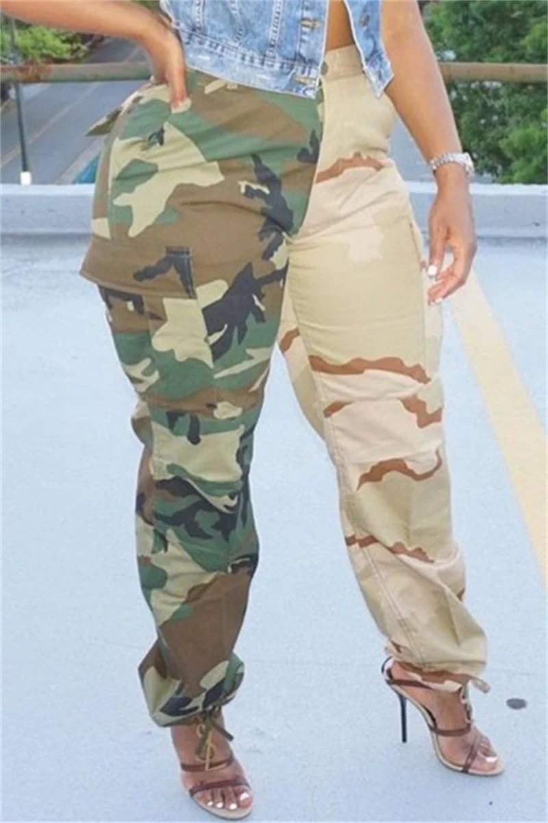 Casual Camouflage Print Patchwork Regular High Waist Trousers