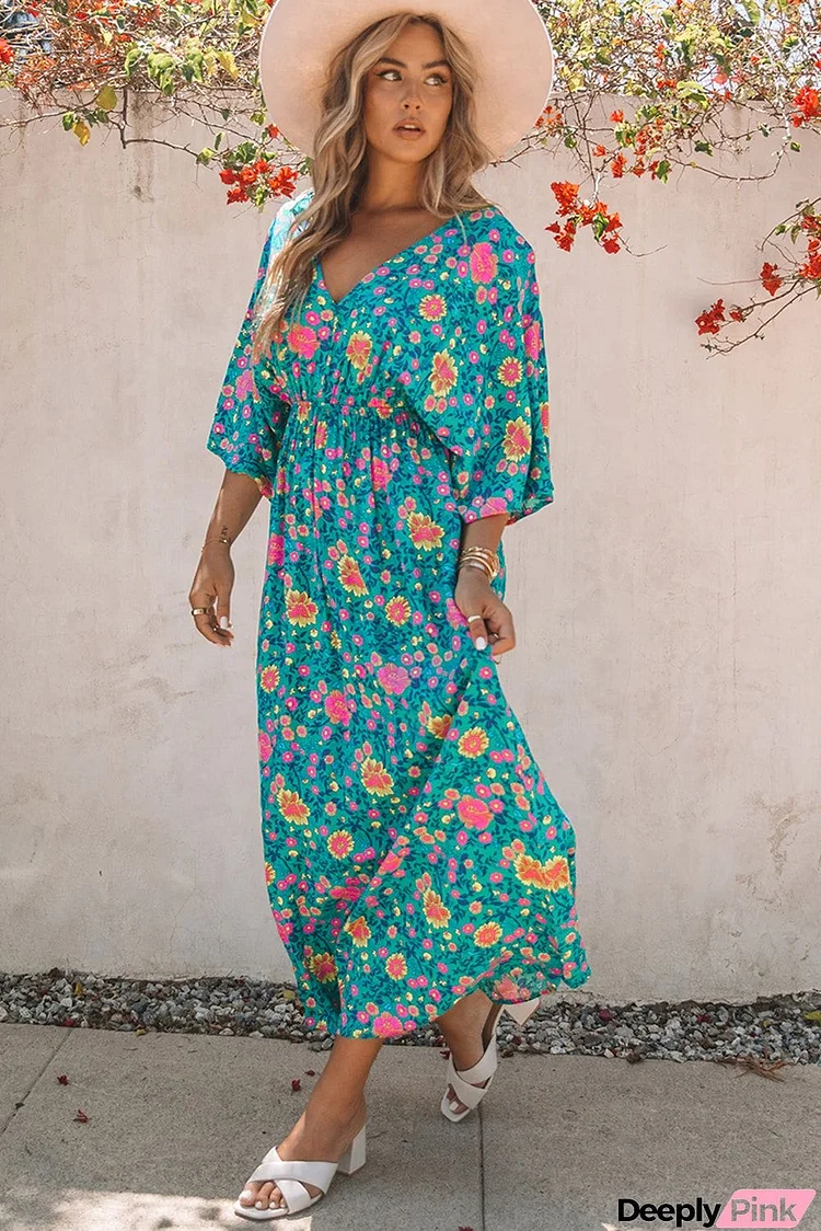 Boho Deep V Neck Floral Maxi Dress