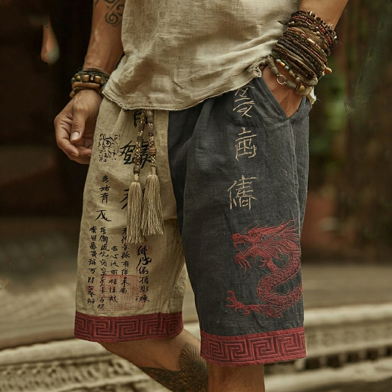 Men's Retro Japanese Calligraphy And Dragon Art Pattern Linen Blend Shorts artswardrobe