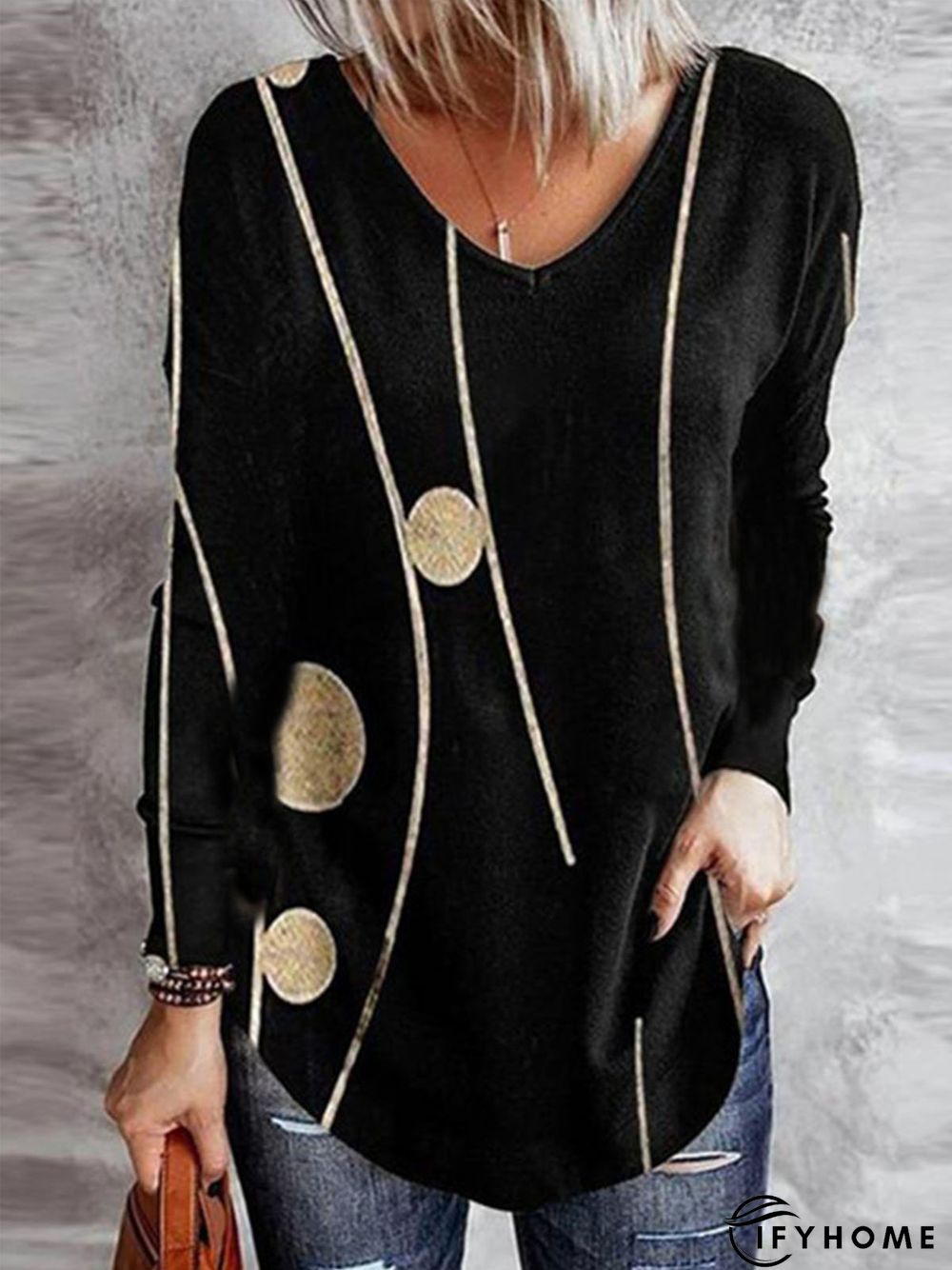 Vintage Printed V Neck Cotton-Blend T-shirt | IFYHOME