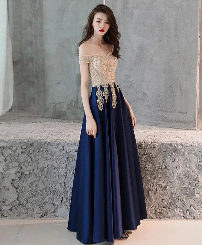 Dark Blue Sweetheart Lace Satin Long Prom Dress, Blue Evening Dress SP17332