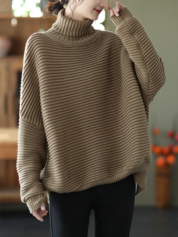 Casual Long Sleeves Roomy Pure Color High-Neck Sweater Tops