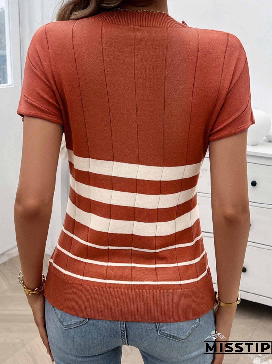 Striped Round Neck Short Sleeve Knit Top