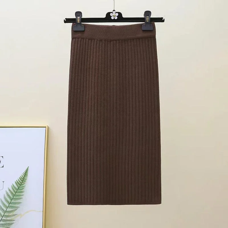 Zoki Winter Women Sweater Skirt New 2021 Knitted Midi Skirts Korean Elastic High Waist Elegant Autumn Split Fork Black Faldas