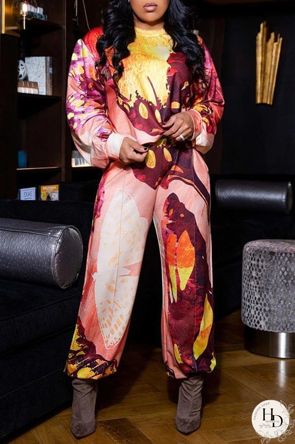 Fashion Loose Print Long Sleeve Two Pieces