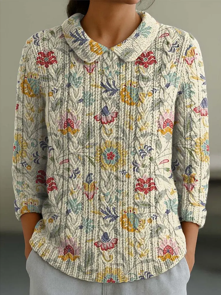 Women's Vintage Floral Art Print Casual Peter Pan Collar 3/4 Sleeve Sweater