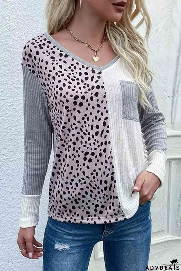 Color Block V-Neck Ribbed Top with Pocket