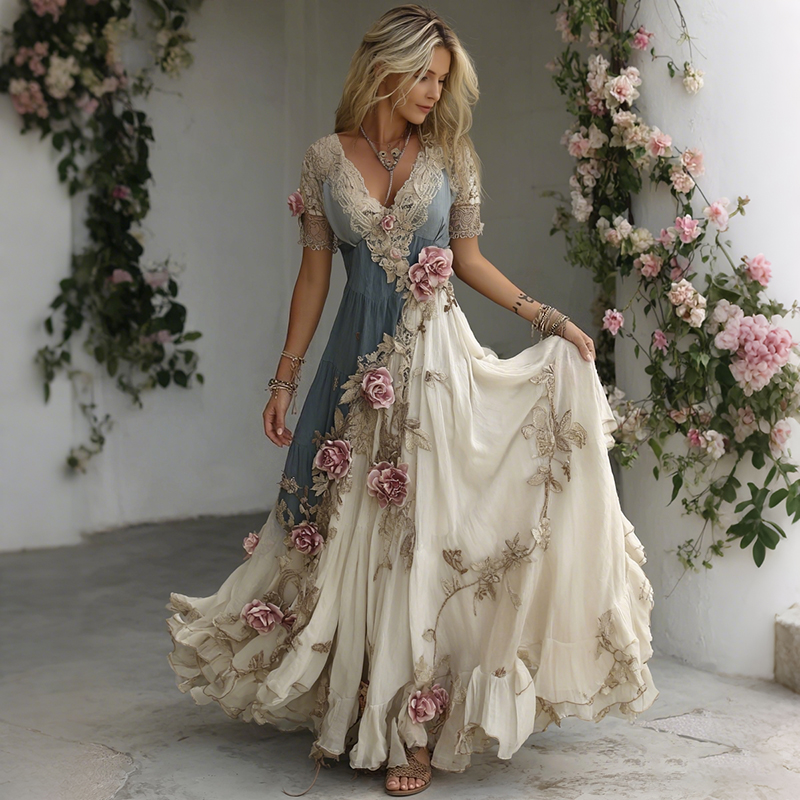 Women's Roses Embroidered Art Patchwork V Neck Short Sleeve Maxi Dress wearshes