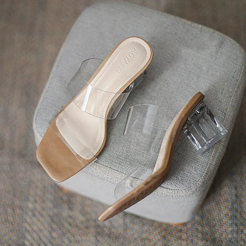 Summer Women Square Toe2021 Slippers Flip Flop Ladies Fashion High Heels Sandals Transparent Women's Casual Shoe Female Footwear