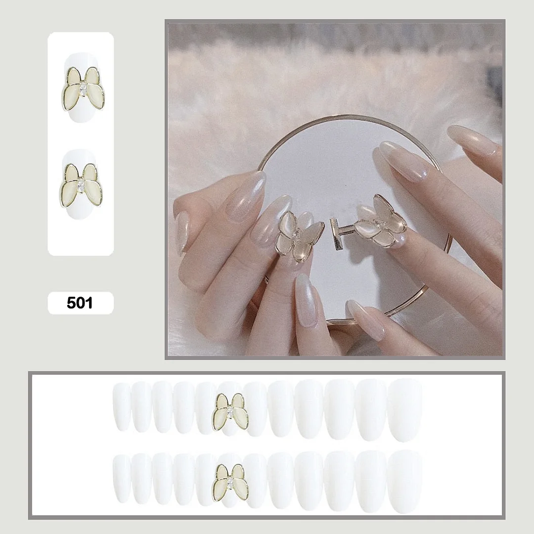 24pcs Stereoscopic Butterfly Light Luxury Elegant Nude Lady Style Removable Nail False Nail Manicure Tool-Nail Inspo
