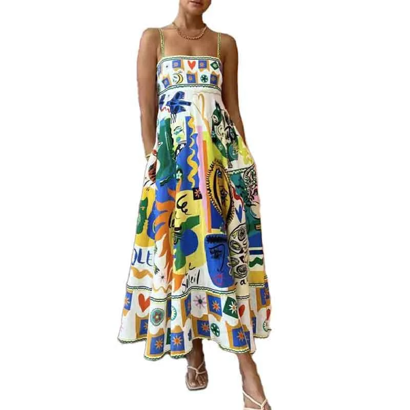 Uveng Uveng 2024 New Women's Sleeveless Strapless High-Waisted Print Long Strap Dress