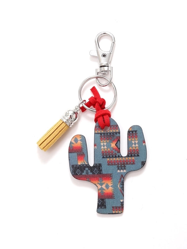 Classic Style Commute Cactus Printing Wood Bag Pendant Keychain