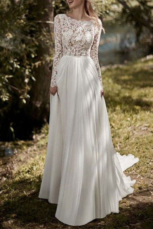 Long Sleeves Lace Chiffon Wedding Dress PD0334