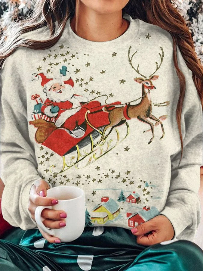 Women's Christmas Santa Claus Print Crew Neck Sweatshirt