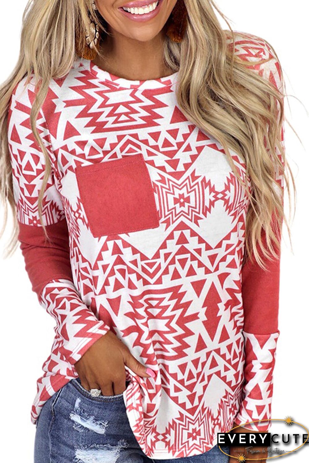 Red Aztec Print Splicing Pocket Long Sleeve Top
