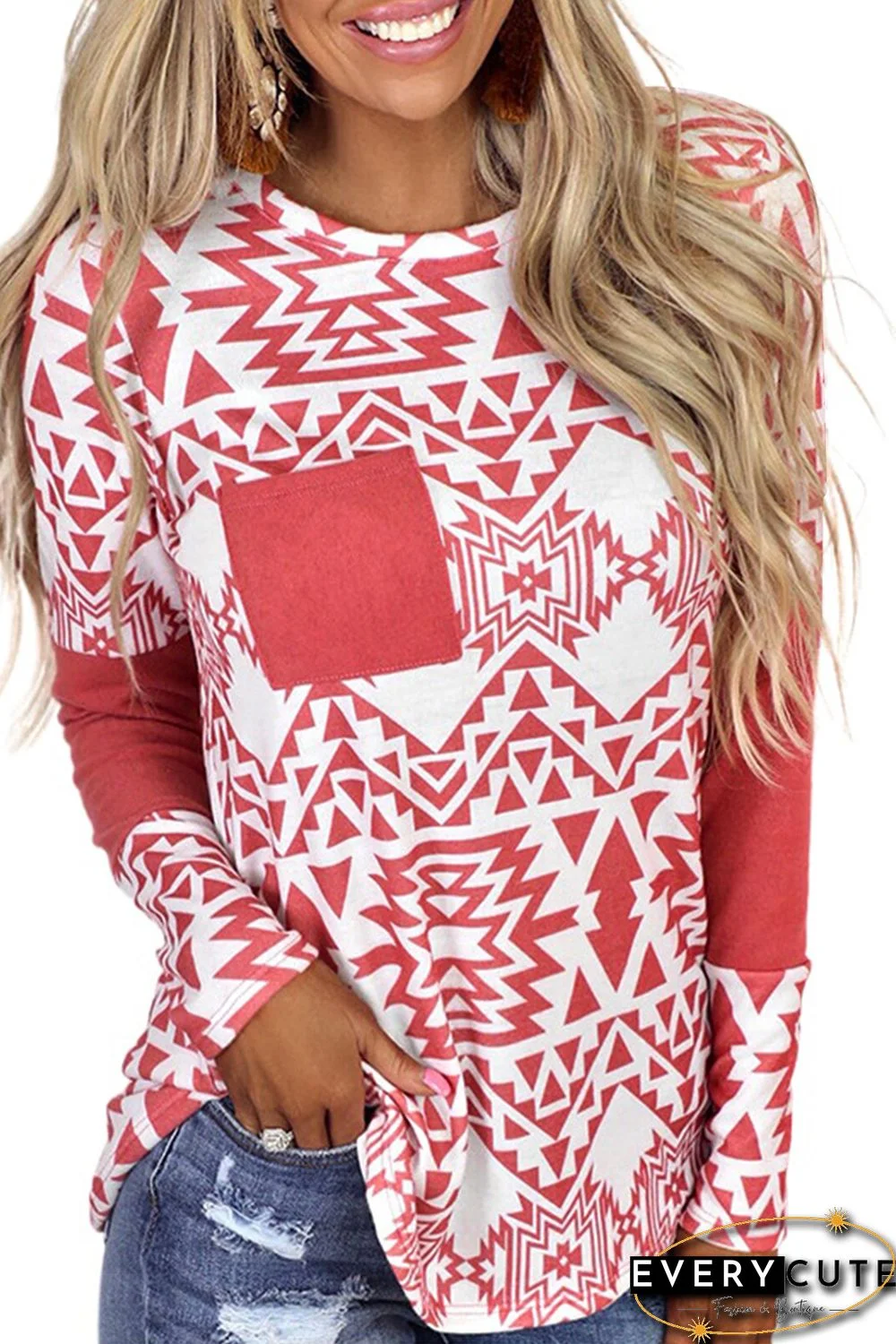 Red Aztec Print Splicing Pocket Long Sleeve Top