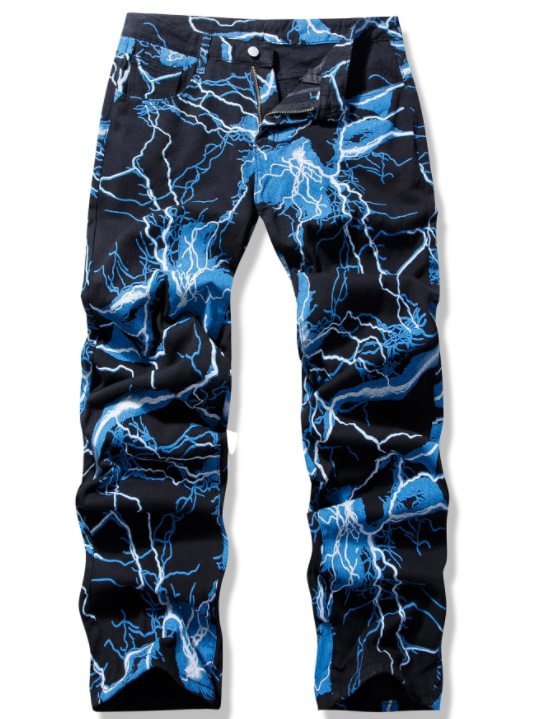 Lightning Print Tie-dyed Jeans Men's Baggy Straight Trousers