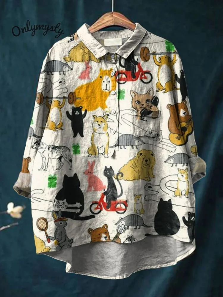 Vintage Lovely Animals Art Print Casual Cotton And Linen Shirt