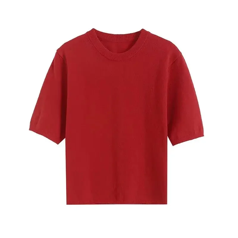 Tlbang New 2024 Red Knit T Shirt Women O Neck Short Sleeve Spring Summer Tees Crop Top