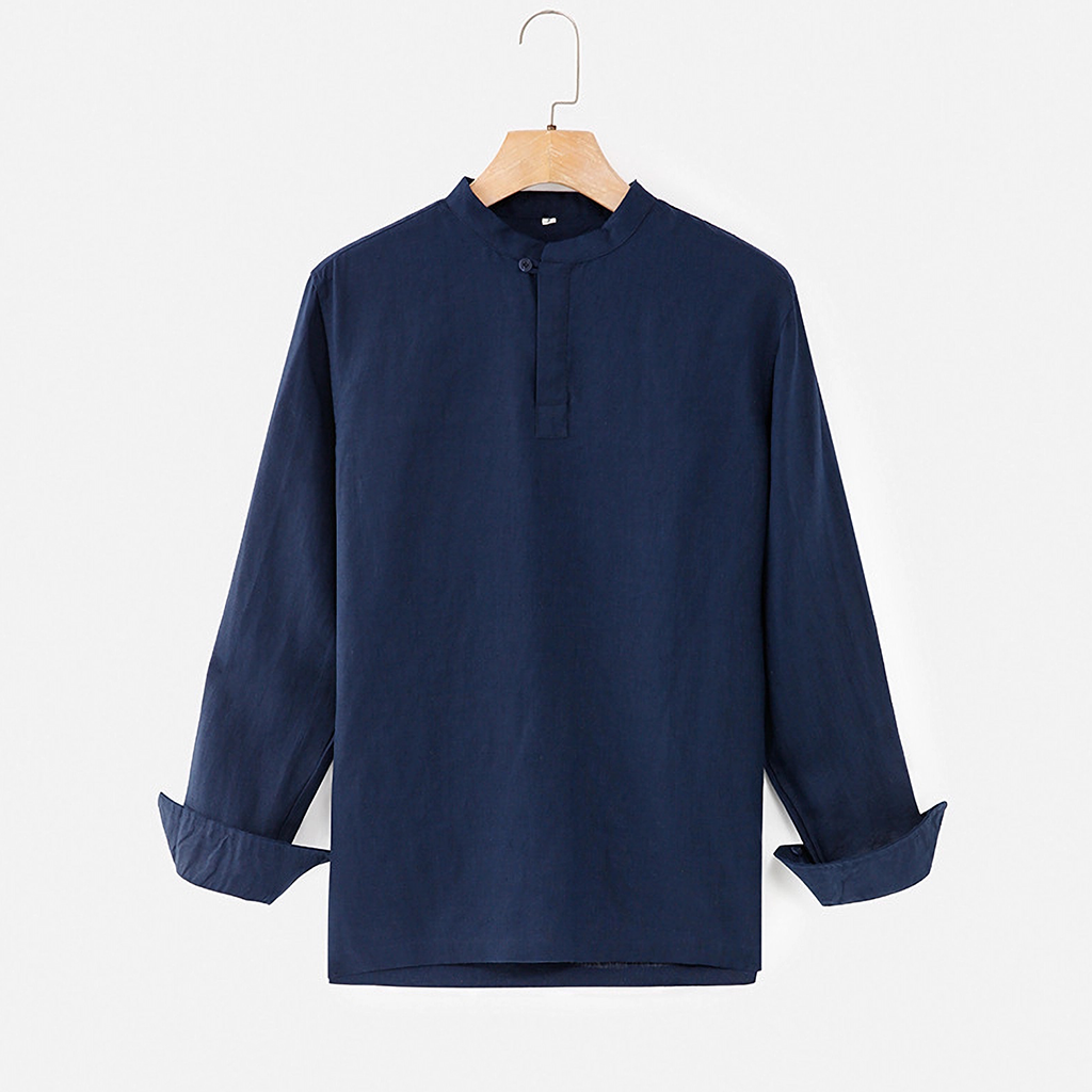Linen Shirt Men 100% Linen Henley Long Sleeve Shirt REAL SILK LIFE
